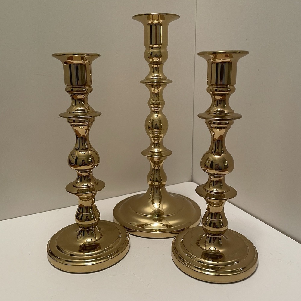 Vintage Baldwin Brass Candle Holders Set Of 3- Matching 7.5" Pair & Single 9"